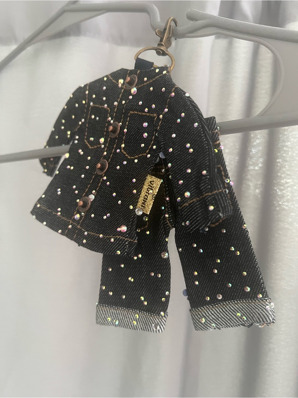 Mini Black Denim Jacket & Pants Keychain with Iridescent Studs PURSE CHARM TREND